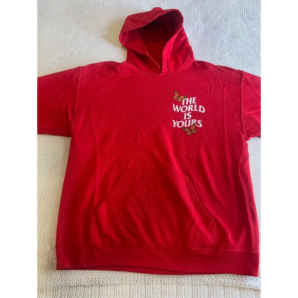 Gildan The World Is Yours Red Graphic Hoodie Roses Butterfly Mens Large